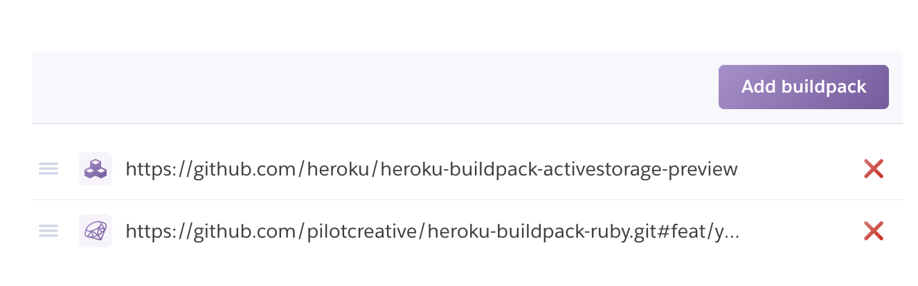 Heroku buildpacks order showing Pilot’s buildpack as a first one